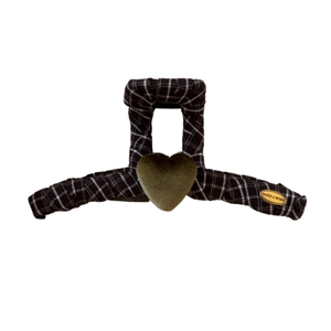 Brown plaid hair claw clip with green flocked heart and gold engraved metal plate