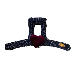 Vintage navy plaid hair clip with a velvet red heart and engraved gold wish tag