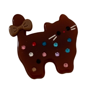 Barrette chat en acétate marron avec strass colorés et décoration de petit nœud