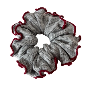 Grey knitted scrunchie with red wavy edges for hair styling, high elasticity design