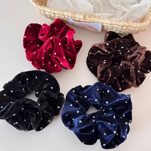 Velvet heart print scrunchies set in burgundy brown black and navy blue 4-pack