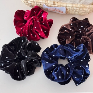 Velvet polka dot heart hair scrunchies set in red, black, brown and navy blue colors