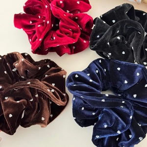 Velvet polka dot scrunchie set with heart pattern for elegant high ponytails