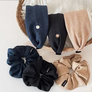 Korean Ribbed Knit Fabric Scrunchie and Headband Set Golden Bow Button Decor Hand Made Hair Ties For Women Daily Accessories