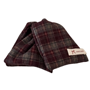 Deep red plaid hair clip with handmade label and bow icon on a white background