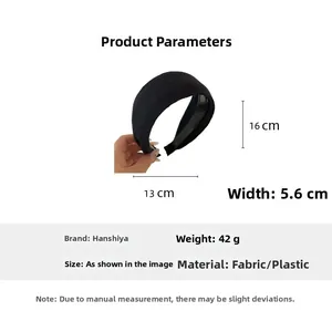 Detailed size specifications for the wide black fabric headband with dimensions labeled