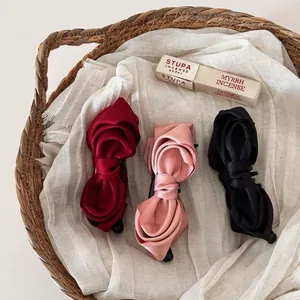 French Satin Bow Banana Clip For Women Elegant Large Pleated Hair Clip Sweet Solid Color Ponytail Holder Hair Accessories
