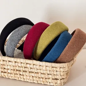 Women Winter Woolen Padded Headband High Top Sponge Wide Hairband Retro Solid Color Handmade Thick Hair Hoop Accessories
