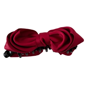 Red French satin bow banana clip with non-slip teeth for elegant ponytail styling
