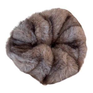 Furry brown oversized scrunchie made of plush faux fur for vintage winter hairstyles