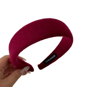 Handmade burgundy padded wool headband for women with a thick sponge base for a high top look