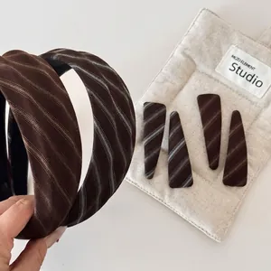 Vintage Brown Twill Wide Brim Sponge Headband For Women Fabric Striped Hair Band Retro Academy Style Elegant Hair Hoop