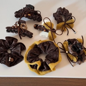 Velvet Knit Bow Hair Claw Set Brown Yellow Autumn Winter Large Shark Clip Handmade Hair Accessories For Women