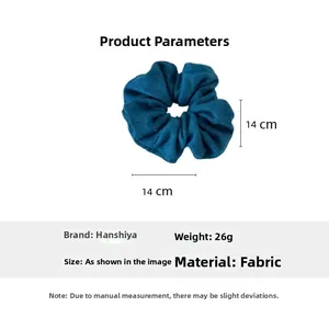Detailed dimensions of 14cm large dark blue wool fabric scrunchie with weight and material info