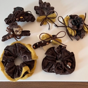 Velvet bow hair claw clip and scrunchie set in deep brown and ginger yellow colors