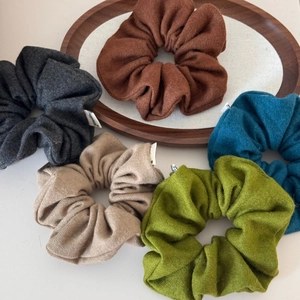 5-piece set of textured wool knit scrunchies in assorted earthy colors for high ponytails