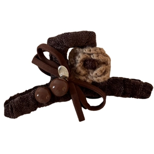 Brown velvet ribbon hair claw clip with crochet flower and satin bow for women