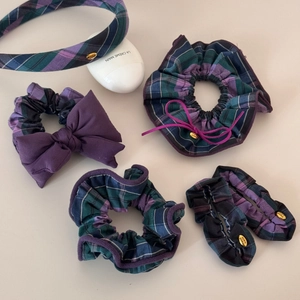 Plaid hair accessories set with blue and purple bow scrunchies and headband for women