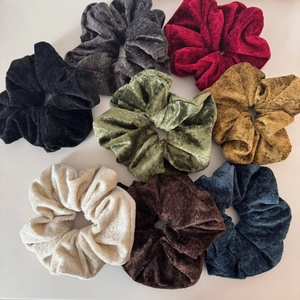 Set of 8 colorful velvet oversized hair scrunchies in minimalist Korean style design