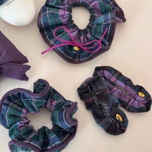 Blue and purple plaid puffy bow scrunchies with golden handmade metal charms for hair