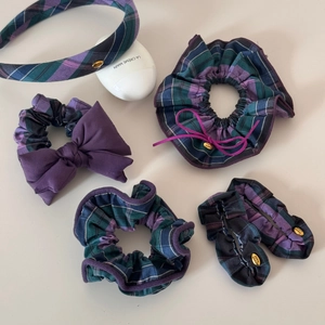 Blue and purple plaid hair accessory set with headband and oversized scrunchies