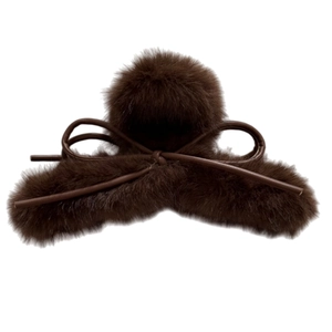 Pince à cheveux élégante en peluche marron foncé avec nœud décoratif pour femme