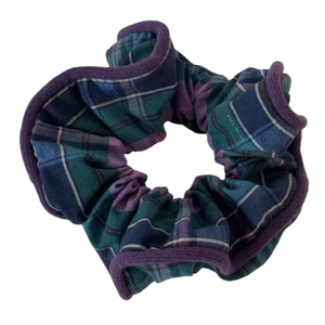 Blue and purple plaid puffy bow scrunchie with classic tartan pattern and purple edging