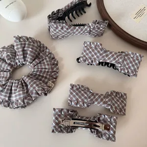 Korean Style Plaid Ruffled Bow Hair Clip Fabric Banana Spring Clip Elegant Gingham Scrunchie Sweet Hair Accessories For Women
