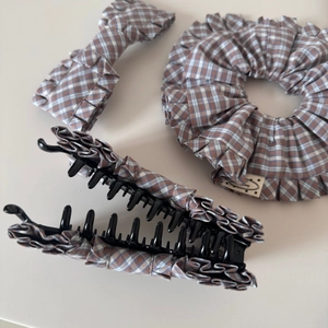 Three-piece hair accessory set featuring blue plaid fabric bows and scrunchies
