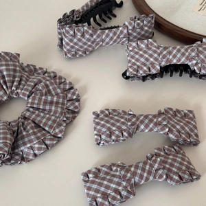 Brown and white checkered hair accessory set with scrunchie and large bow banana clips