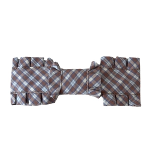 Brown checkered plaid bow hair clip with ruffled edges in a Korean vintage style
