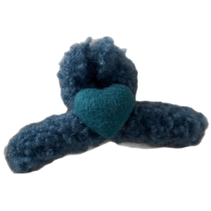 Plush heart hair claw clip in grey blue and dark green for thick hair styling