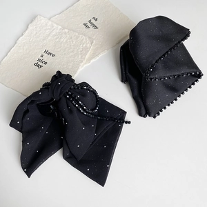 Elegant black chiffon hair clip and scrunchie set with starry glitter and beaded trim