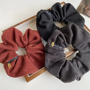 French Style Fabric Polka Dot Scrunchies For Women With Lucky Pendant And Letter Print Label Large Elastic Hair Ties