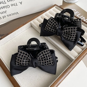 French Elegant Black Satin Bow Hair Claw Clip With Rhinestone Grid Design Large Handmade Shark Clip Hair Accessories For Women
