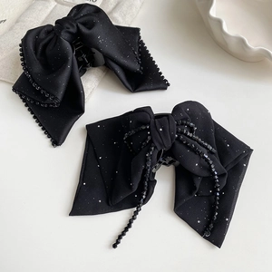 Korean Style Black Bow Hair Claw Clip For Women With Beaded Tassel Glitter Fabric Elegant Hairpin Ponytail Holder Accessories