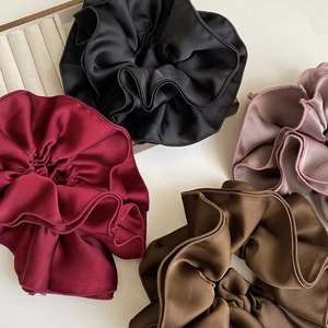 Elegant four-pack of satin pleated scrunchies in burgundy, black, brown and dusty pink