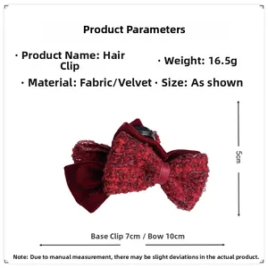 Detail view of red tweed bow hair claw clip with size measurements 10cm by 7cm