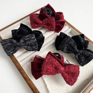 French Style Tweed Velvet Bow Hair Claw Clip Elegant Autumn Winter Hair Accessories Large Bowknot Shark Clip Headwear For Women