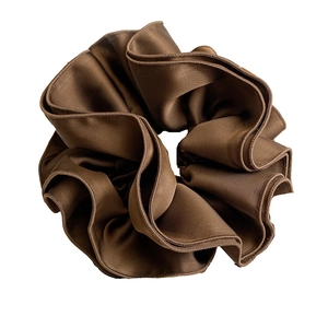 French style brown satin scrunchie with four-layer pleated texture and glossy finish