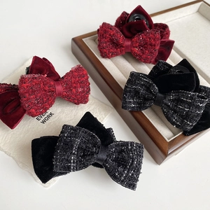 French vintage tweed and velvet bow hair claw clips in black and deep red wine colors
