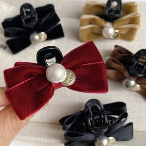 Velvet bow hair claw clip with pearls and golden medallion in various colors