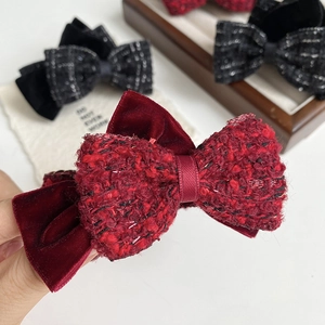 French style wine red tweed and velvet bow hair claw clip for elegant autumn winter hairstyles