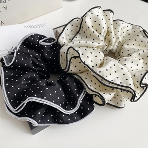 French Polka Dot Ruffled Edge Scrunchies Satin Large Hair Tie For Women Elegant Hair Accessories Vintage Style Hair Rope