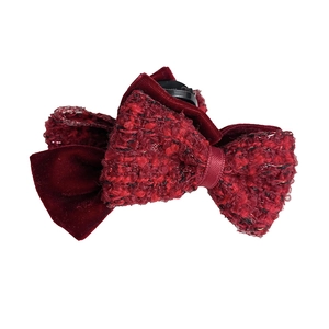 French style burgundy tweed bow hair claw clip with velvet trim and secure grip