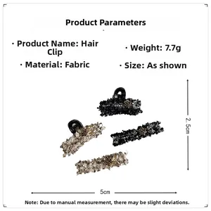 Detail specifications of tweed hair clips with golden flowers and 5cm x 2.5cm size