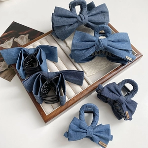 Pince à Cheveux Nœud en Tissu Denim pour Femme Grande Griffe à Cheveux Nœud Style Coréen Fait à la Main Recouvert de Tissu