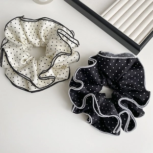 Elegant French style black and white polka dot scrunchie set with pleated satin texture