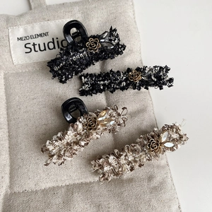 Elegant tweed hair clip set with golden rose and crystals in vintage black and beige
