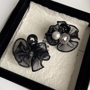 Elegant Black Mesh Bow Small Hair Claw With Rhinestone Faux Artificial Pearl Accents Vintage Style Mini Hair Clip For Women Headwear